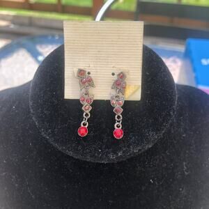 Vintage NWOT Red Rhinestone Dangle Pierced Earrings